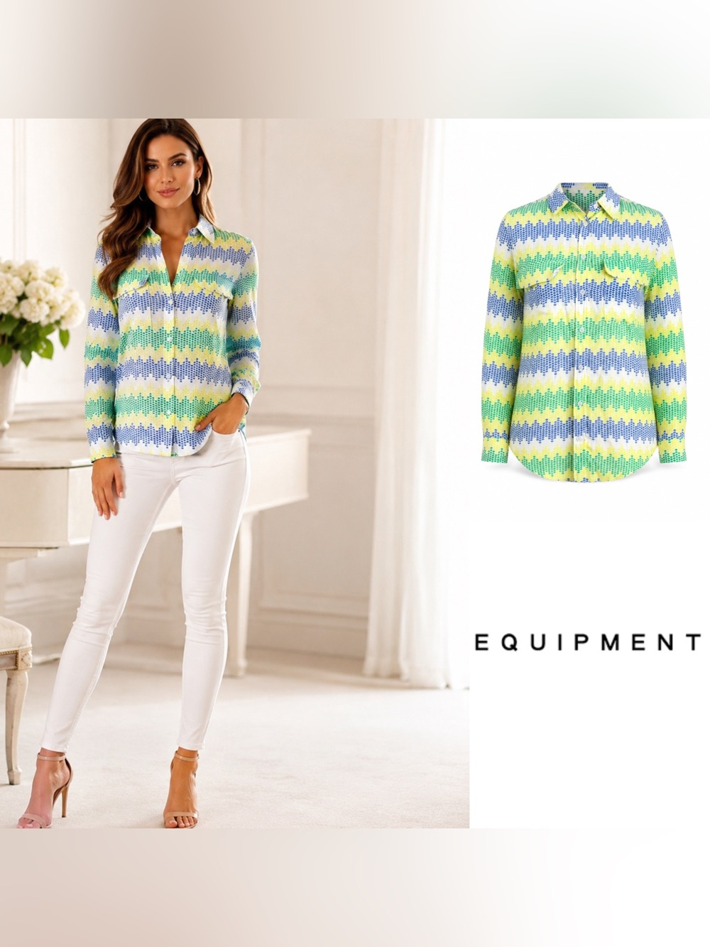 Equipment Metric Silk Button Multi Color Down Shirt